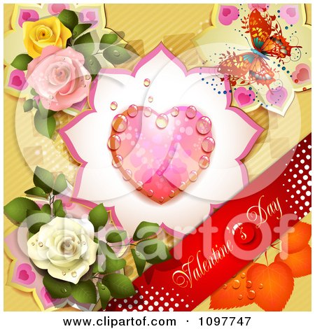 Clipart Red Valentines Day Banner With A Butterfly Dewy Heart And Roses Over Yellow - Royalty Free Vector Illustration by merlinul