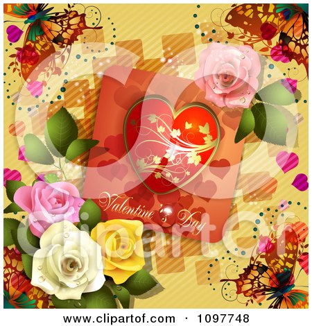Clipart Valentines Day Card With Dewy Colorful Roses And Butterflies On Yellow - Royalty Free Vector Illustration by merlinul