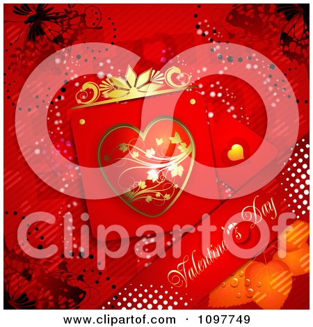 Clipart Heart Valentines Day Card And Banner And Butterflies On Red 1 - Royalty Free Vector Illustration by merlinul