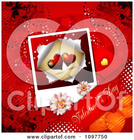 Clipart Heart Valentines Day Photo Banner And Butterflies On Red - Royalty Free Vector Illustration by merlinul
