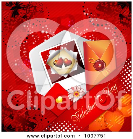 Clipart Heart Valentines Day Card And Banner And Butterflies On Red 2 - Royalty Free Vector Illustration by merlinul