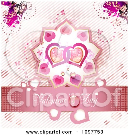 Clipart Pink Valentines Day Banner With Two Hearts And Butterflies 3 - Royalty Free Vector Illustration by merlinul