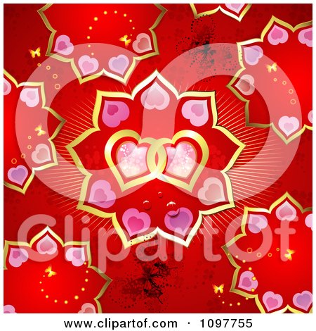 Clipart Seamless Red Pink And Gold Valentines Day Background With Black Butterflies - Royalty Free Vector Illustration by merlinul