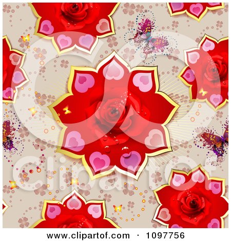 Clipart Seamless Red Rose And Gold Valentines Day Background With Butterflies - Royalty Free Vector Illustration by merlinul