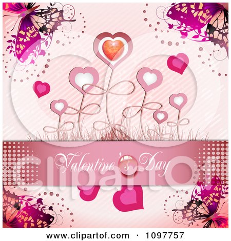 Clipart Pink Valentines Day Banner With Butterflies And Heart Flowers - Royalty Free Vector Illustration by merlinul