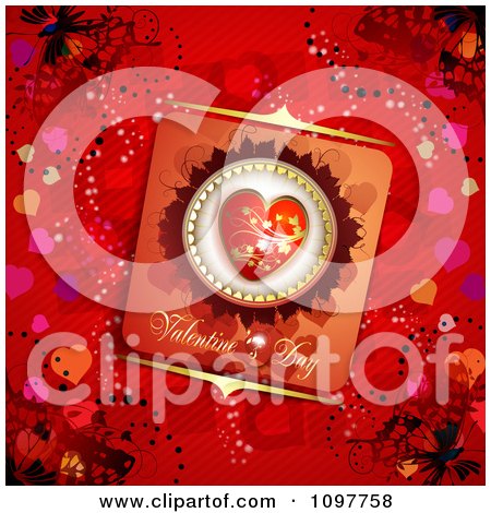 Clipart Heart Valentines Day Card And Butterflies On Red 4 - Royalty Free Vector Illustration by merlinul