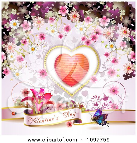 Clipart Pink Valentines Day Banner With A Butterfly Heart And Blossoms 1 - Royalty Free Vector Illustration by merlinul