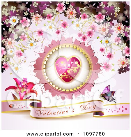 Clipart Pink Valentines Day Banner With A Butterfly Heart And Blossoms 2 - Royalty Free Vector Illustration by merlinul