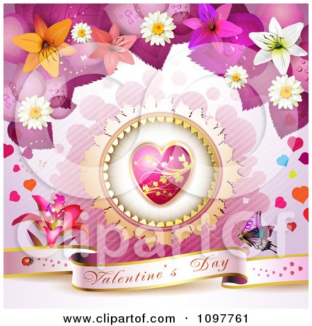 Clipart Pink Valentines Day Banner With A Butterfly Heart And Blossoms 3 - Royalty Free Vector Illustration by merlinul