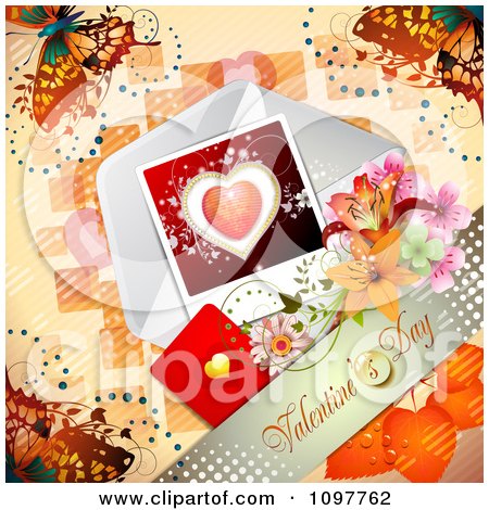 Clipart Heart Valentines Day Card With Flowers And Butterflies On Orange - Royalty Free Vector Illustration by merlinul