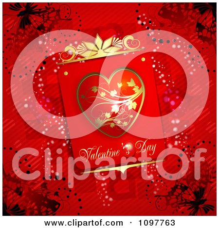 Clipart Heart Valentines Day Card And Butterflies On Red 1 - Royalty Free Vector Illustration by merlinul
