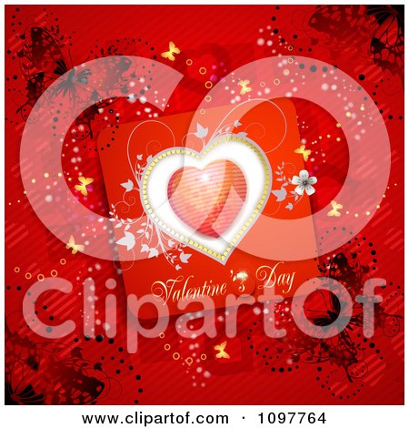 Clipart Heart Valentines Day Card And Butterflies On Red 2 - Royalty Free Vector Illustration by merlinul