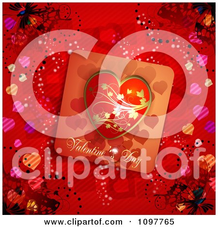 Clipart Heart Valentines Day Card And Butterflies On Red 3 - Royalty Free Vector Illustration by merlinul