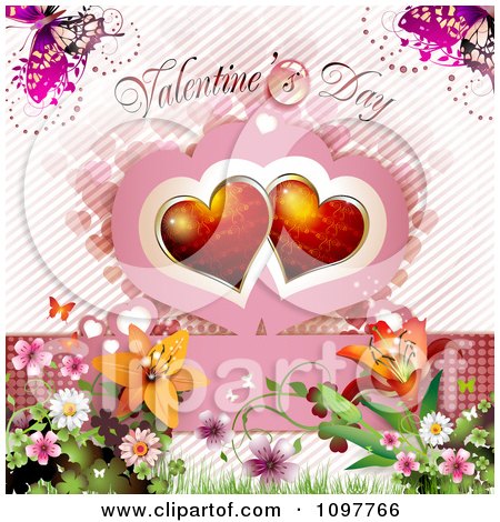 Clipart Valentines Day Text With Butterflies Red Hearts And Blossoms - Royalty Free Vector Illustration by merlinul