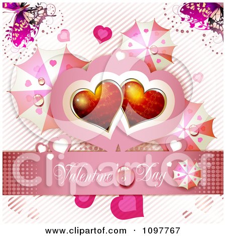 Clipart Pink Valentines Day Banner With Two Hearts And Butterflies 2 - Royalty Free Vector Illustration by merlinul