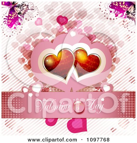 Clipart Pink Valentines Day Banner With Two Hearts And Butterflies 1 - Royalty Free Vector Illustration by merlinul