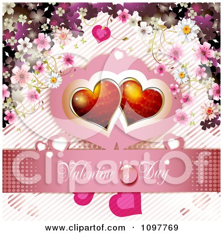 Clipart Pink Valentines Day Banner With Two Red Hearts And Blossoms - Royalty Free Vector Illustration by merlinul