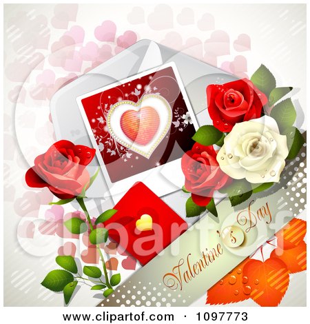 Clipart Valentines Day Banner With Dewy Roses And A Card Over Pink Hearts - Royalty Free Vector Illustration by merlinul