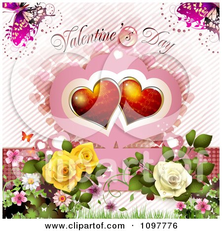 Clipart Valentines Day Text With Butterflies Two Red Hearts And Roses - Royalty Free Vector Illustration by merlinul