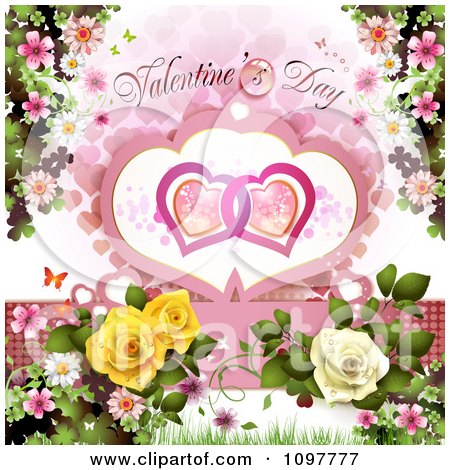 Clipart Valentines Day Text Over Entwined Hearts Blossoms And Roses - Royalty Free Vector Illustration by merlinul