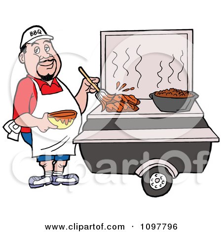 Clipart White Chef Brushing BBQ Sauce Over Meat On A Grill - Royalty Free Vector Illustration by LaffToon