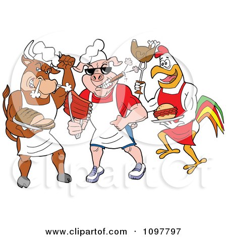 Clipart Tough Cow Pig And Rooster Chefs Holding Poultry Pork And Beef - Royalty Free Vector Illustration by LaffToon