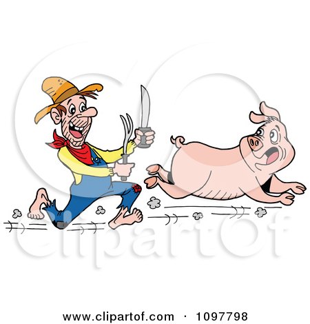Clipart Hungry Hillbilly Man Chasing A Pig With A Knife And Fork - Royalty Free Vector Illustration by LaffToon