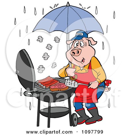 Clipart Chef Pig Barbequing With An Umbrella In The Rain - Royalty Free Vector Illustration by LaffToon