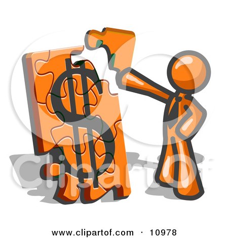 Orange Businessman Putting a Dollar Sign Puzzle Together Clipart Illustration by Leo Blanchette