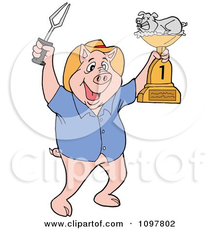 Clipart Happy Pig Chef Holding Up A Bbq Trophy Award - Royalty Free Vector Illustration by LaffToon