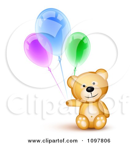 Clipart Happy Cute Teddy Bear Holding Three Birthday Party Balloons - Royalty Free Vector Illustration by Oligo