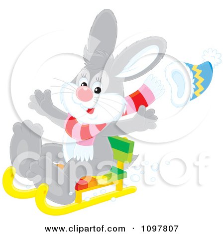 Clipart  Happy Gray Rabbit Sledding - Royalty Free Vector Illustration by Alex Bannykh