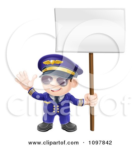 Clipart Friendly Aviation Pilot Waving And Holding A Sign - Royalty Free Vector Illustration by AtStockIllustration