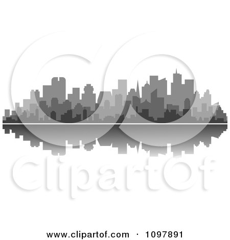 Clipart Grayscale Waterfront City Skyline And Reflection - Royalty Free Vector Illustration by Vector Tradition SM