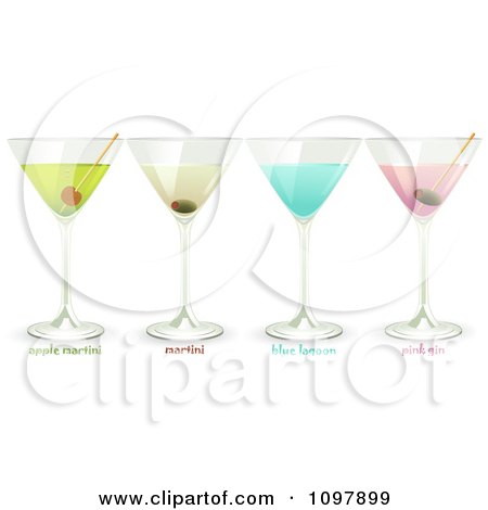 Clipart 3d Martini Pink Gin Blue Lagoon And Apple Martini Cocktails - Royalty Free Vector Illustration by elaineitalia