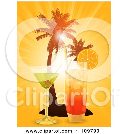 Clipart 3d Cocktail Drinks And Silhouetted Palm Trees Against An Orange Sunset - Royalty Free Vector Illustration by elaineitalia