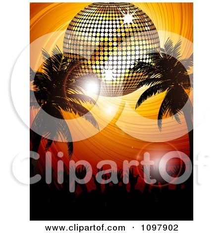 Clipart 3d Gold Disco Ball Over Silhouetted Palm Trees And A Crowd Of Hands On An Orange Swirl - Royalty Free Vector Illustration by elaineitalia