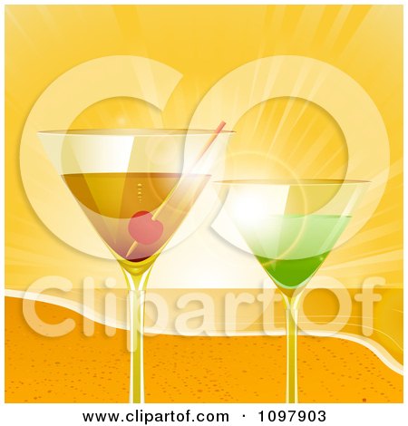 Clipart 3d Cocktail Drinks On A Sandy Beach At Sunset - Royalty Free Vector Illustration by elaineitalia