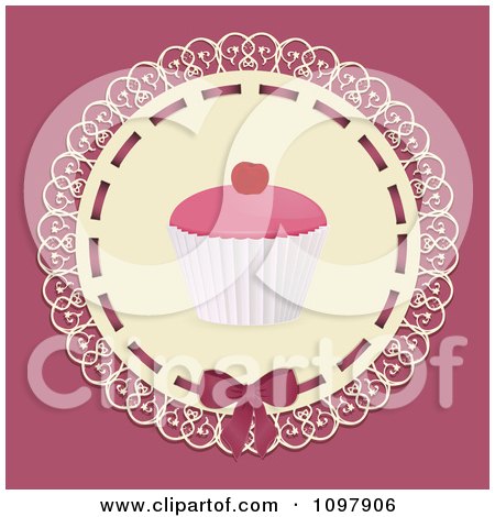 Clipart Frosted Cupcake On Lace Over A Pink Background - Royalty Free Vector Illustration by elaineitalia