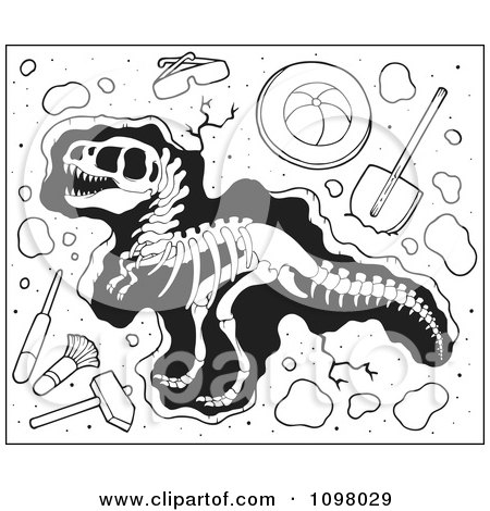 Clipart Paleontology Tools And Uncovered Dinosaur Bones - Royalty Free Vector Illustration by visekart