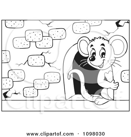 Clipart Black And White Cute Mouse Looking Through A Hole In A Stone Wall - Royalty Free Vector Illustration by visekart