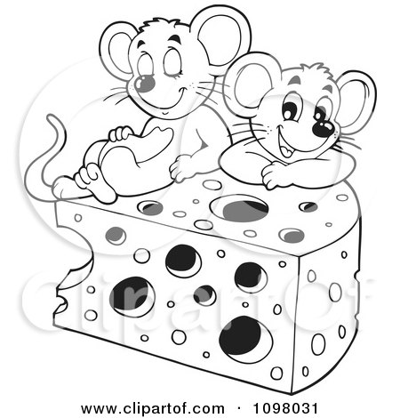 Clipart Black And White Cute Mice With A Wedge Of Cheese - Royalty Free Vector Illustration by visekart