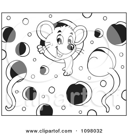 Clipart Black And White Cute Mice Playing In Cheese - Royalty Free Vector Illustration by visekart