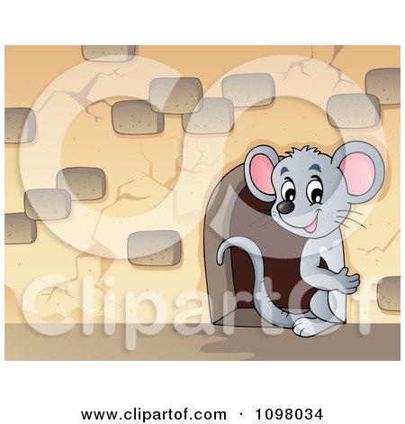 Clipart Cute Mouse Looking Through A Hole In A Stone Wall - Royalty Free Vector Illustration by visekart