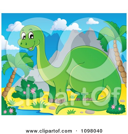 Clipart Happy Green Brontosaurus Dinosaur Near Mountains - Royalty Free Vector Illustration by visekart