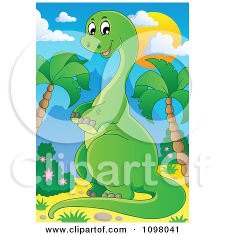 Clipart Happy Green Brontosaurus Dinosaur Leaning Upright Between Palm Trees - Royalty Free Vector Illustration by visekart