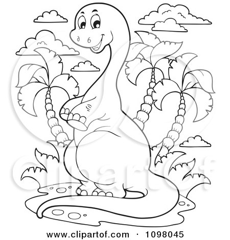 Clipart Outlined Happy Brontosaurus Dinosaur Leaning Upright - Royalty Free Vector Illustration by visekart