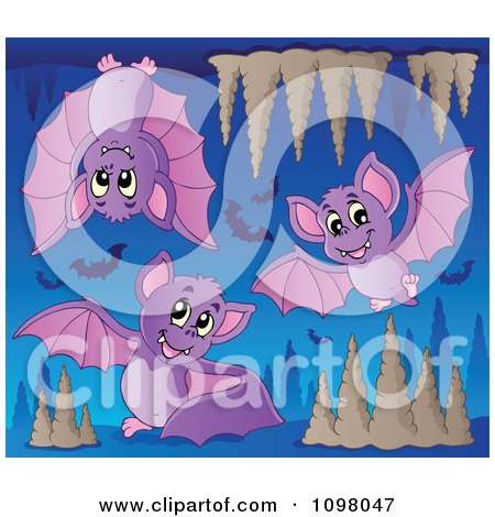 Clipart Cute Purple Bats Flying In A Cave - Royalty Free Vector Illustration by visekart