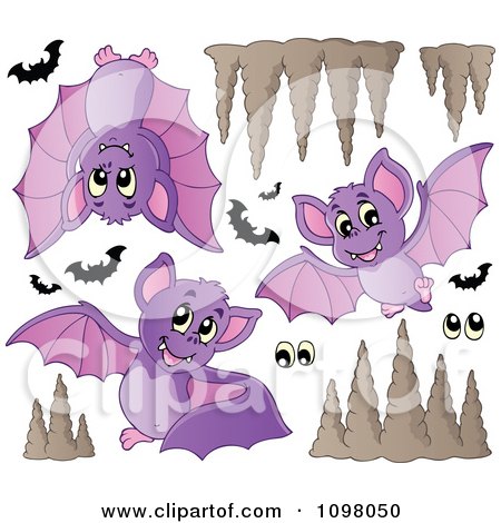 Clipart Cute Purple Bats Eyes And Cave Formations - Royalty Free Vector Illustration by visekart