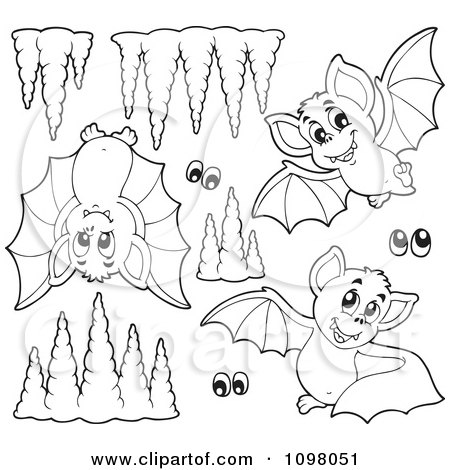Clipart Outlined Cute Purple Bats Eyes And Cave Formations - Royalty Free Vector Illustration by visekart